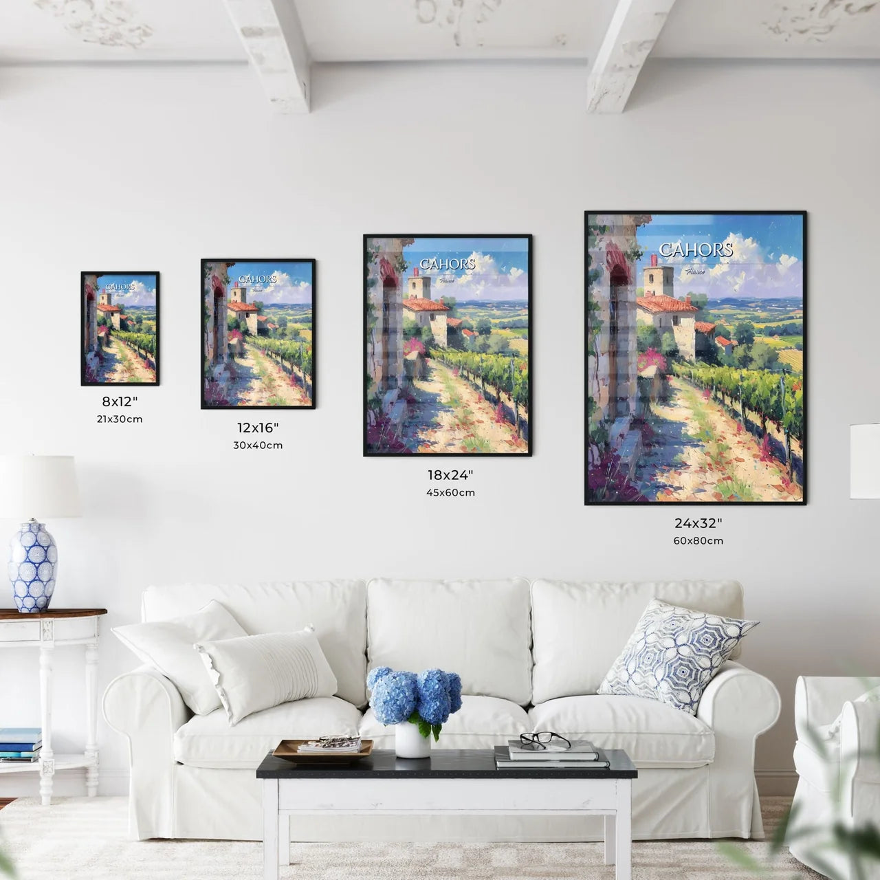 Cahors, France - Art print of a painting of a vineyard and buildings Size Chart