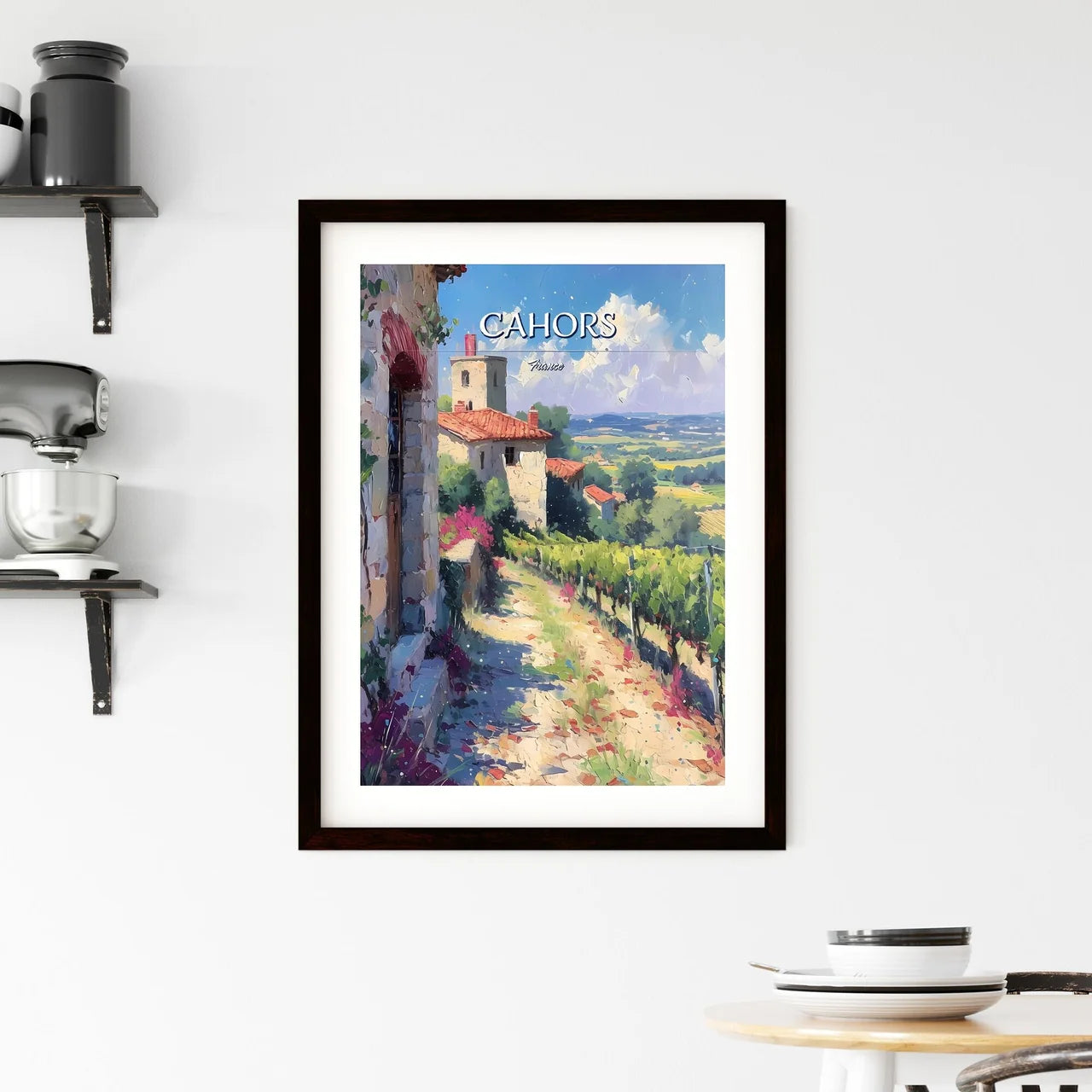 Cahors, France - Art print of a painting of a vineyard and buildings Custom Print