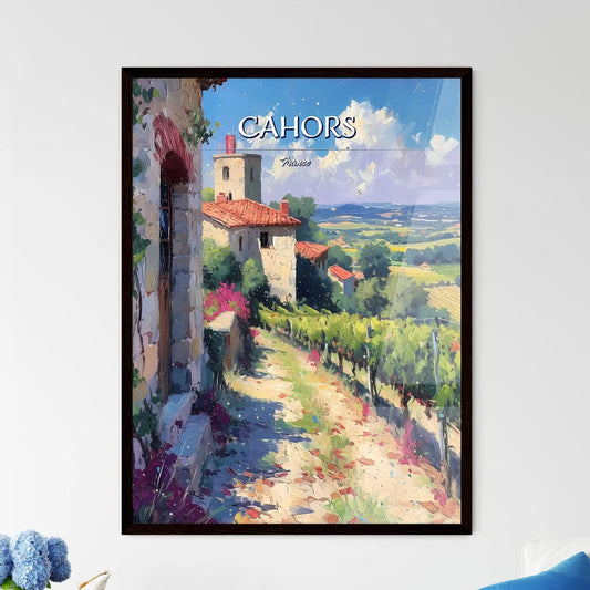 Cahors, France - Art print of a painting of a vineyard and buildings Framed Art