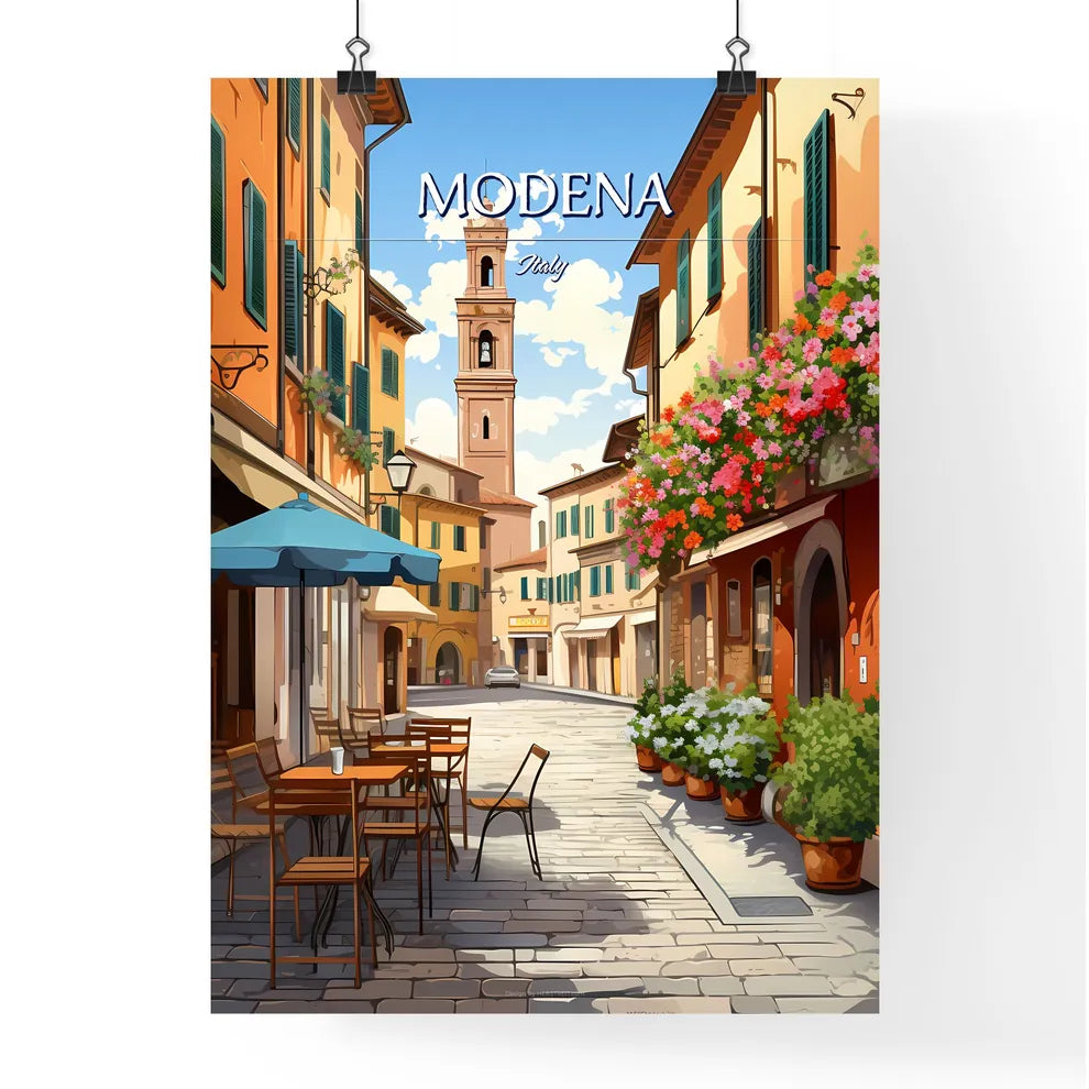 Modena, Italy - Art print of a street with tables and chairs and flowers on it Poster