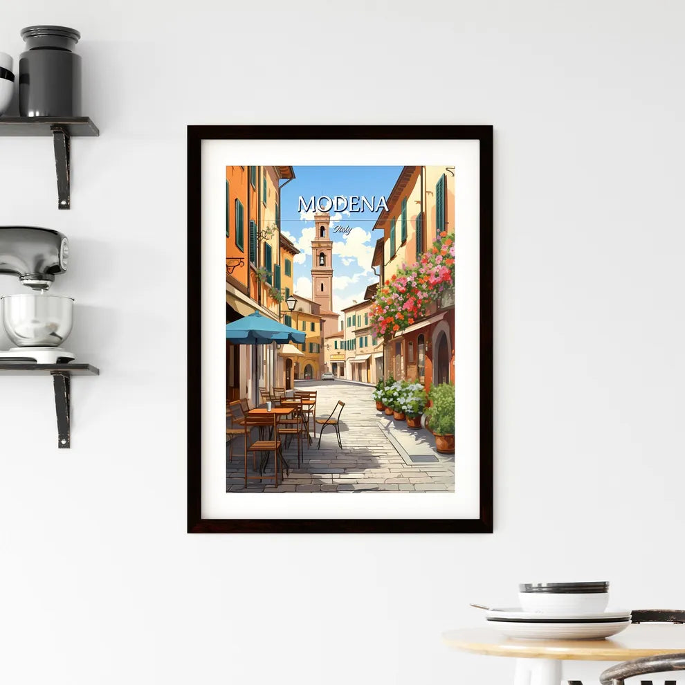 Modena, Italy - Art print of a street with tables and chairs and flowers on it Custom Print