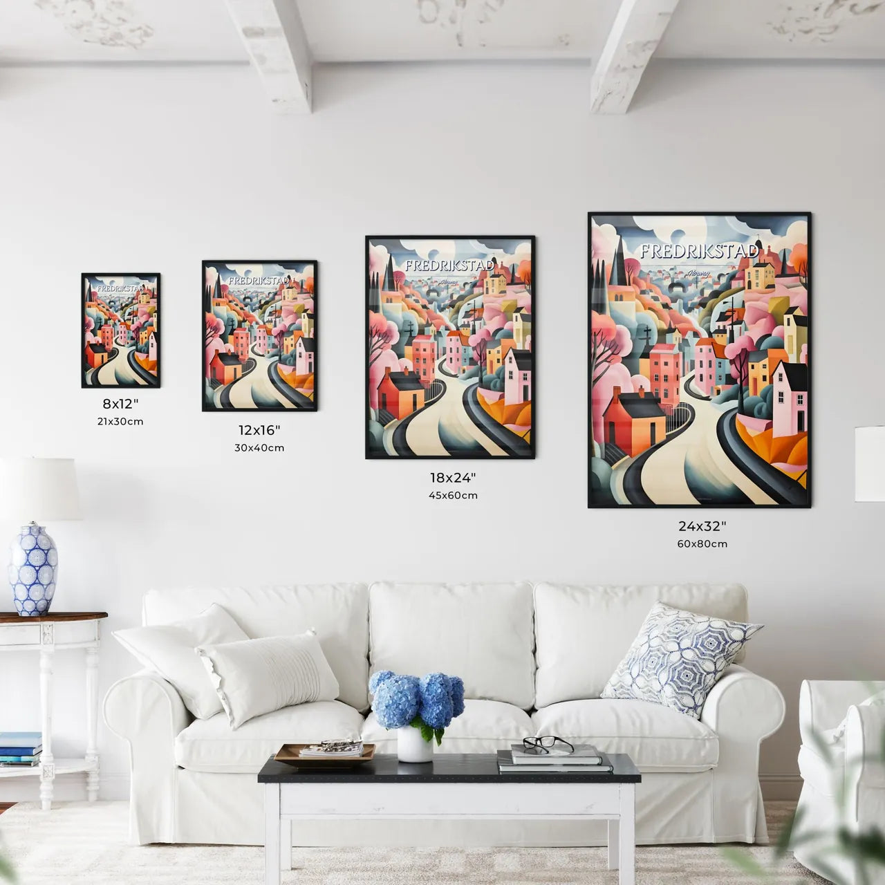 Fredrikstad, Norway - Art print of a painting of a town Size Chart