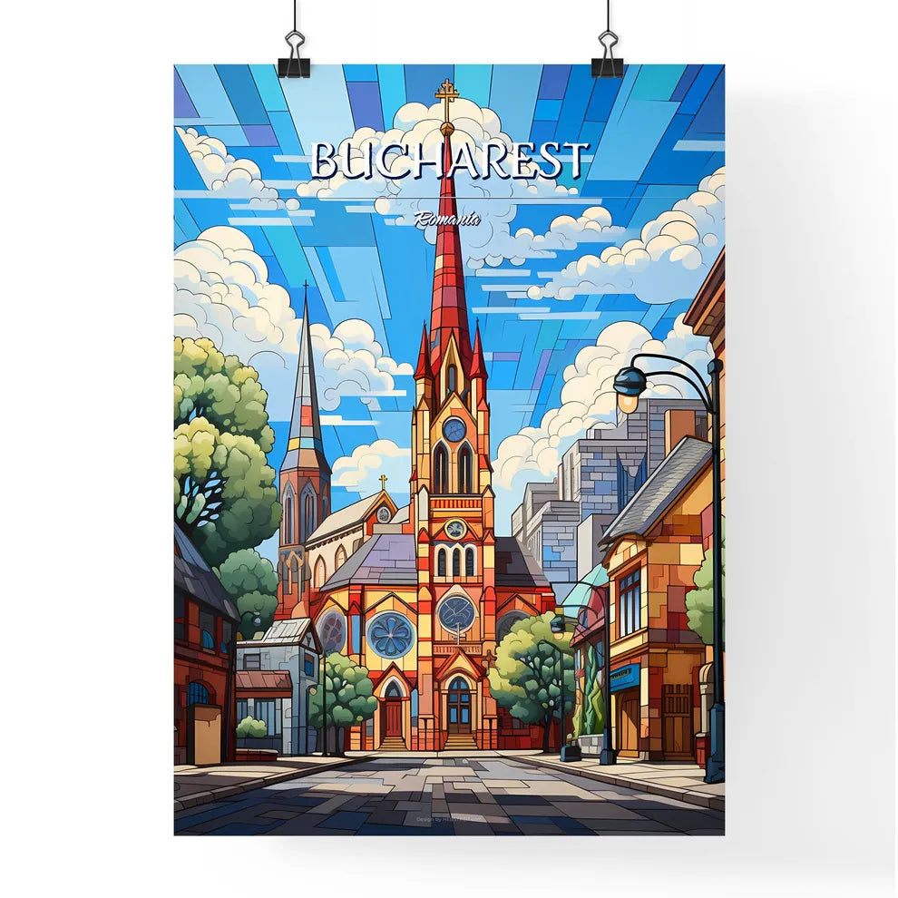 Bucharest, Romania - Art print of a church in a city Poster