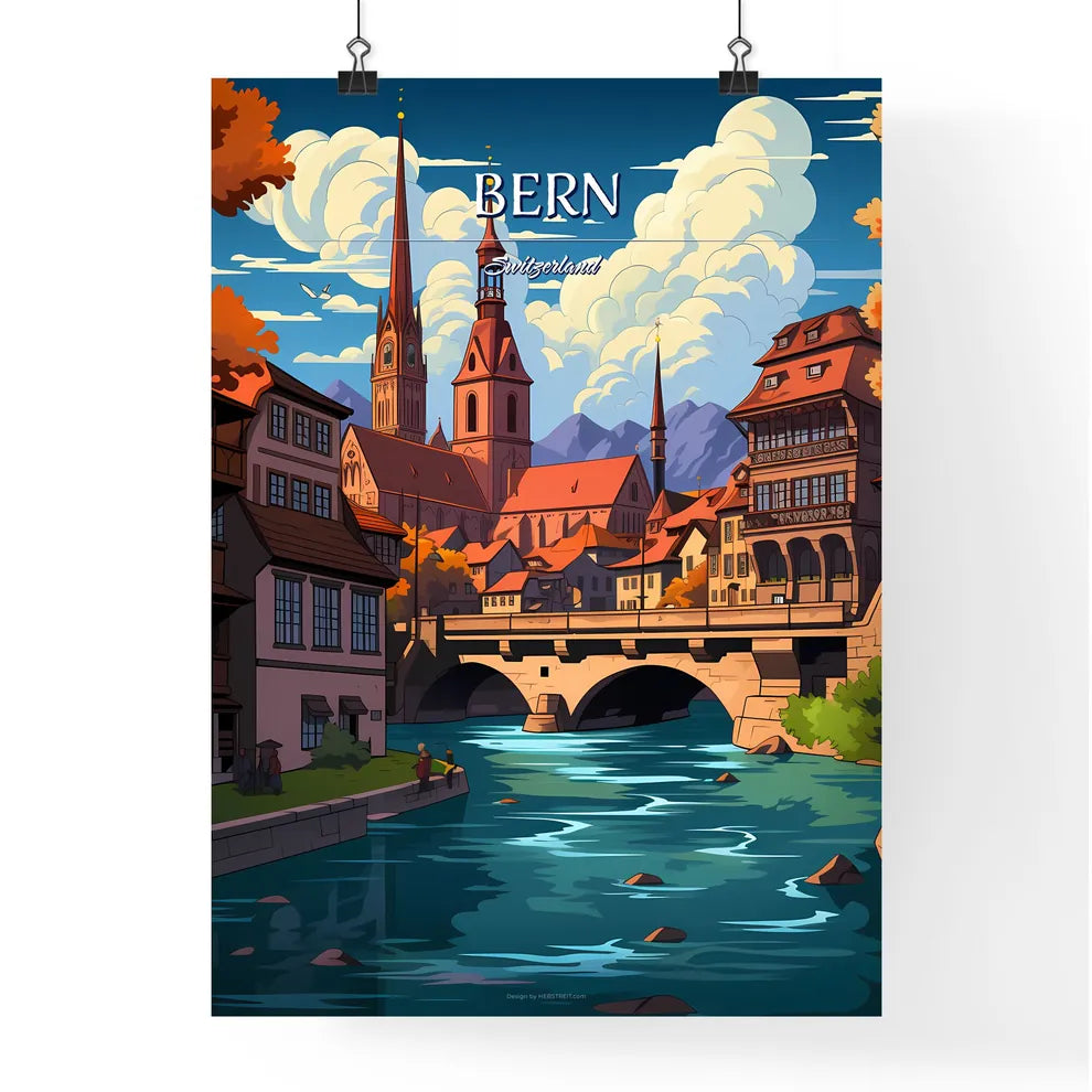 Bern, Switzerland - Art print of a river with a bridge and buildings Poster