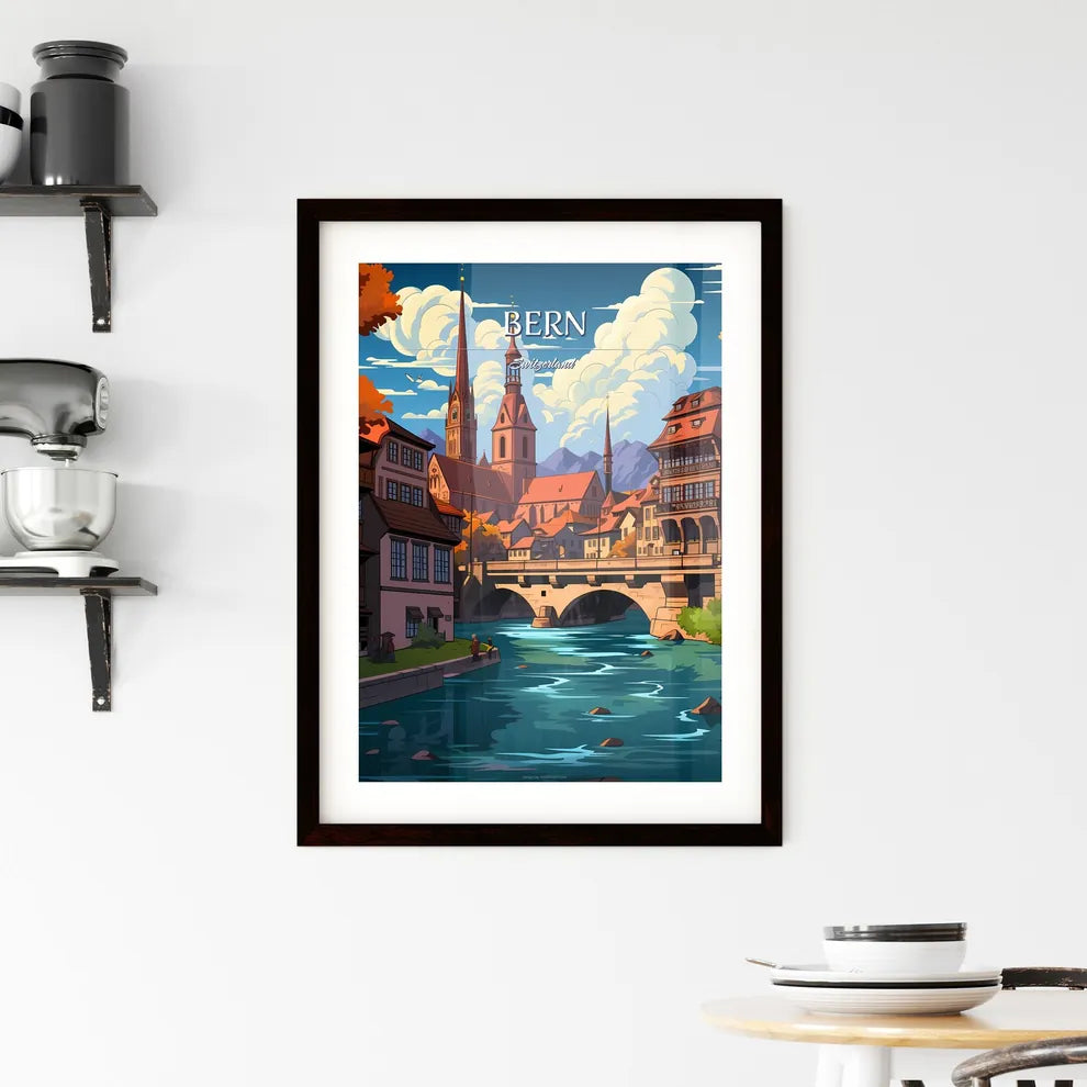 Bern, Switzerland - Art print of a river with a bridge and buildings Custom Print
