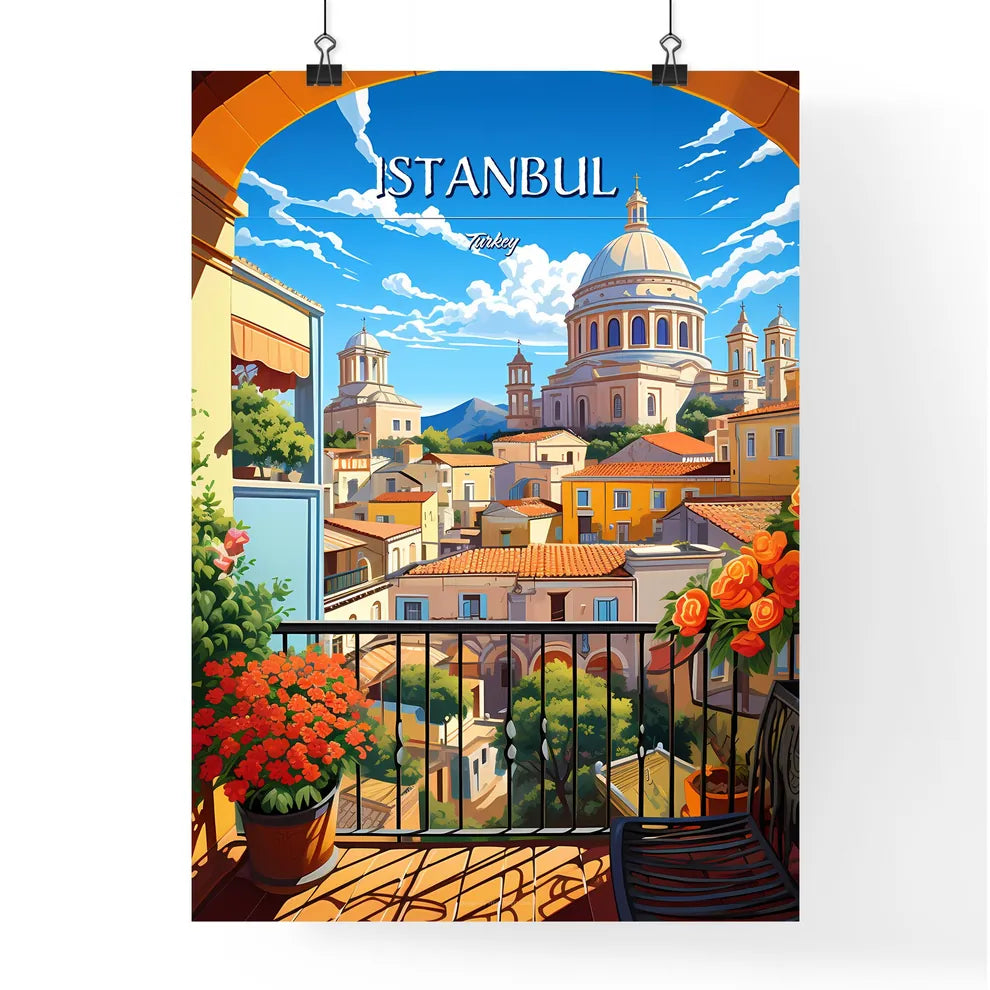 Istanbul, Turkey - Art print of a balcony with a view of a city Poster