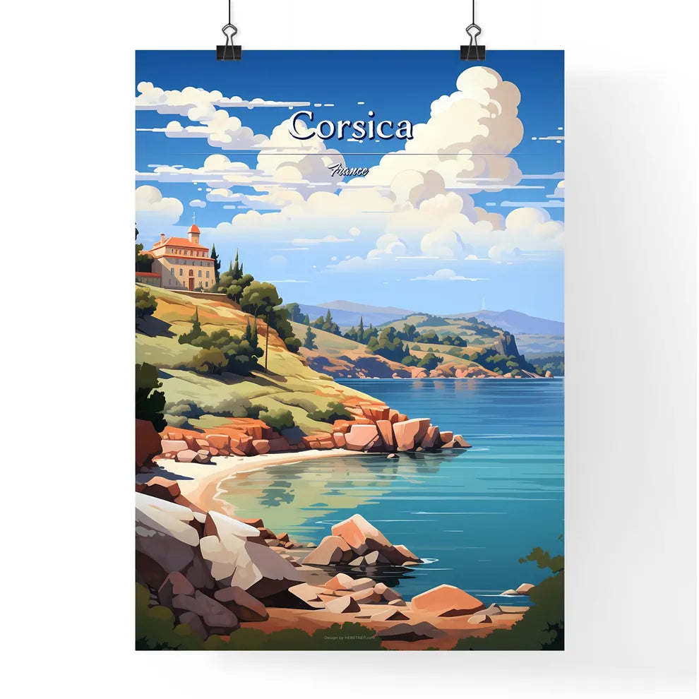Corsica, France - Art print of a house on a hill by a body of water Poster