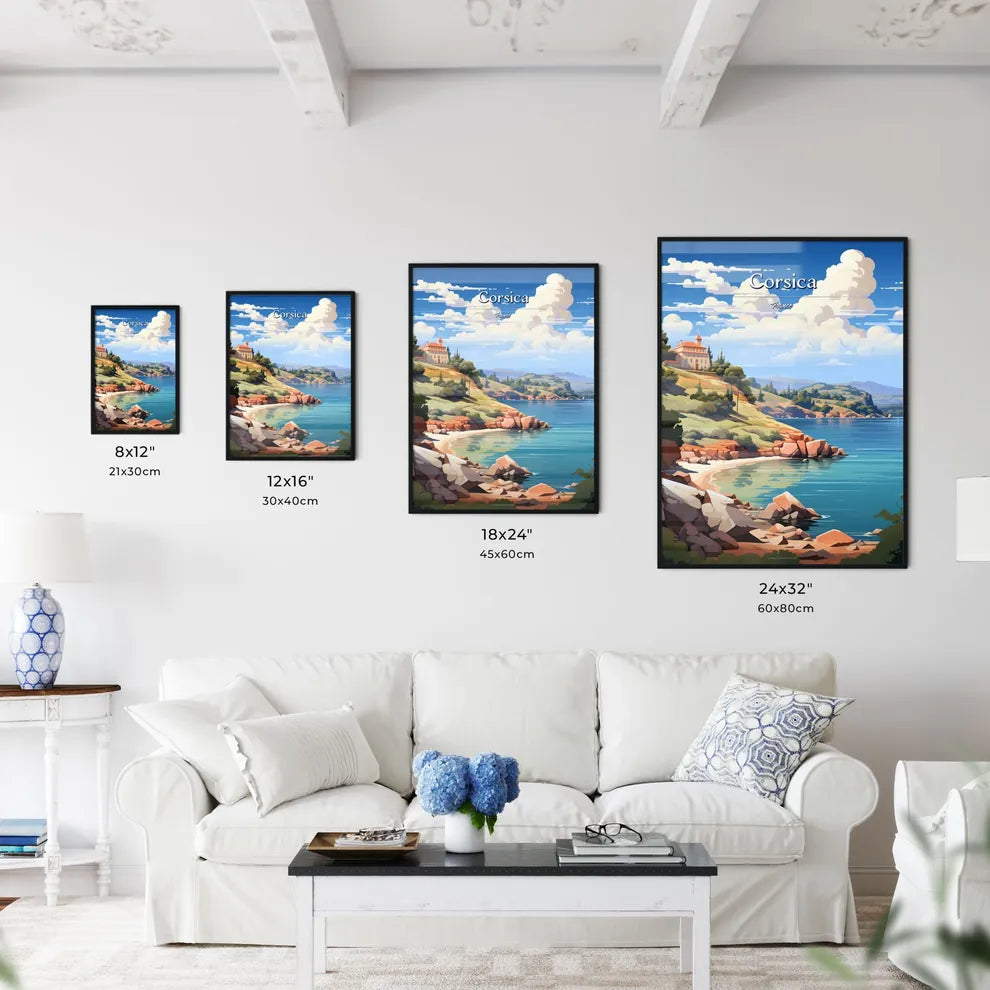 Corsica, France - Art print of a house on a hill by a body of water Size Chart