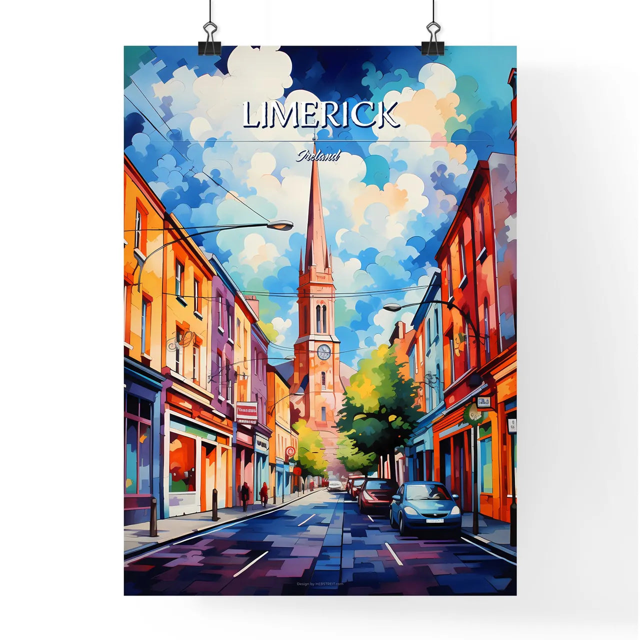 Limerick, Ireland - Art print of a street with cars and a church tower Poster