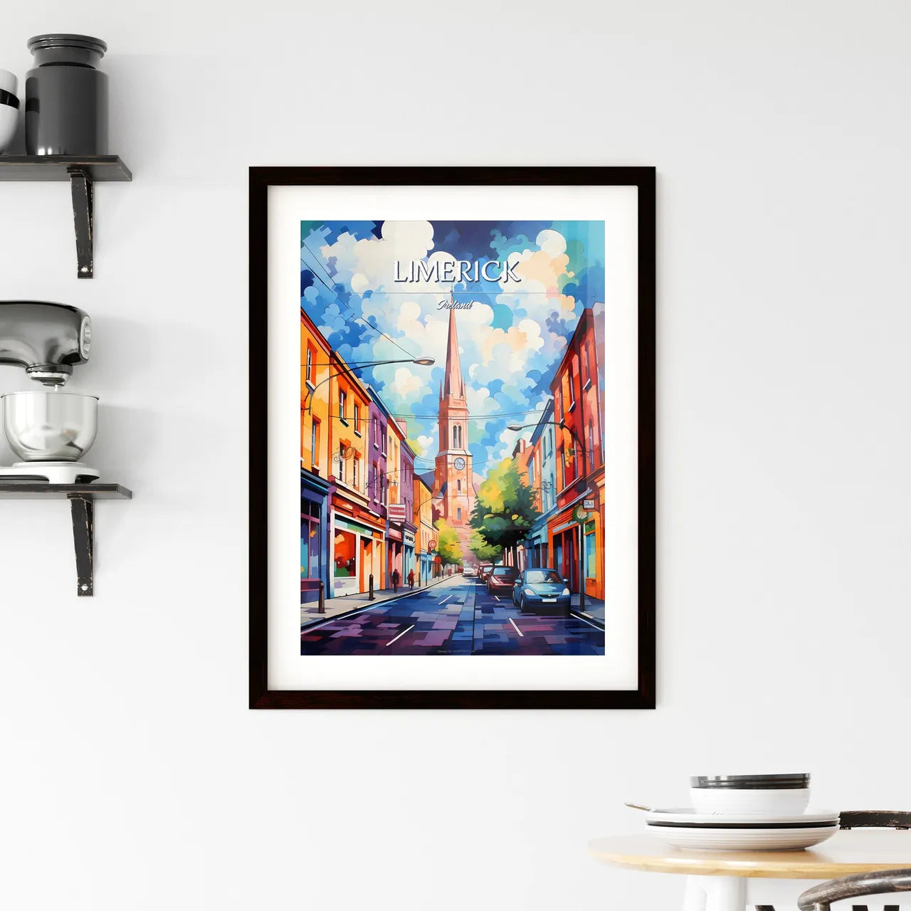 Limerick, Ireland - Art print of a street with cars and a church tower Custom Print