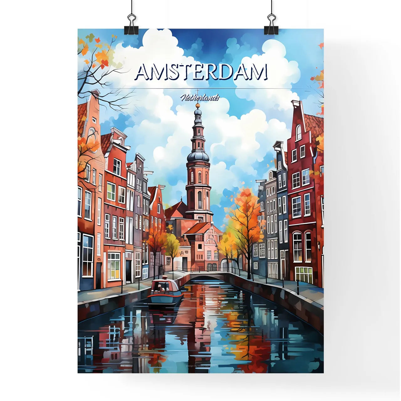 Amsterdam, Netherlands - Art print of a canal with a boat in it Poster