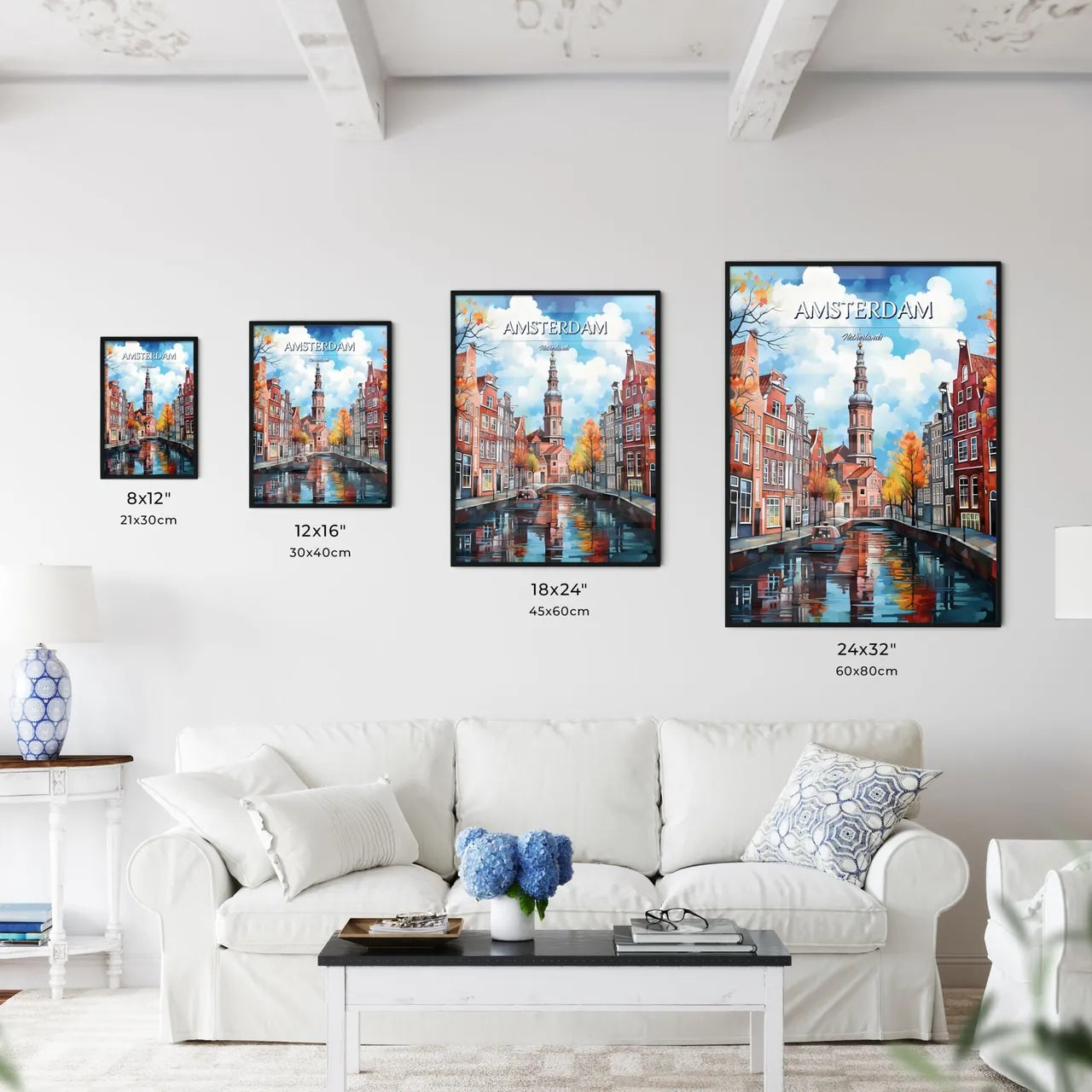 Amsterdam, Netherlands - Art print of a canal with a boat in it Size Chart