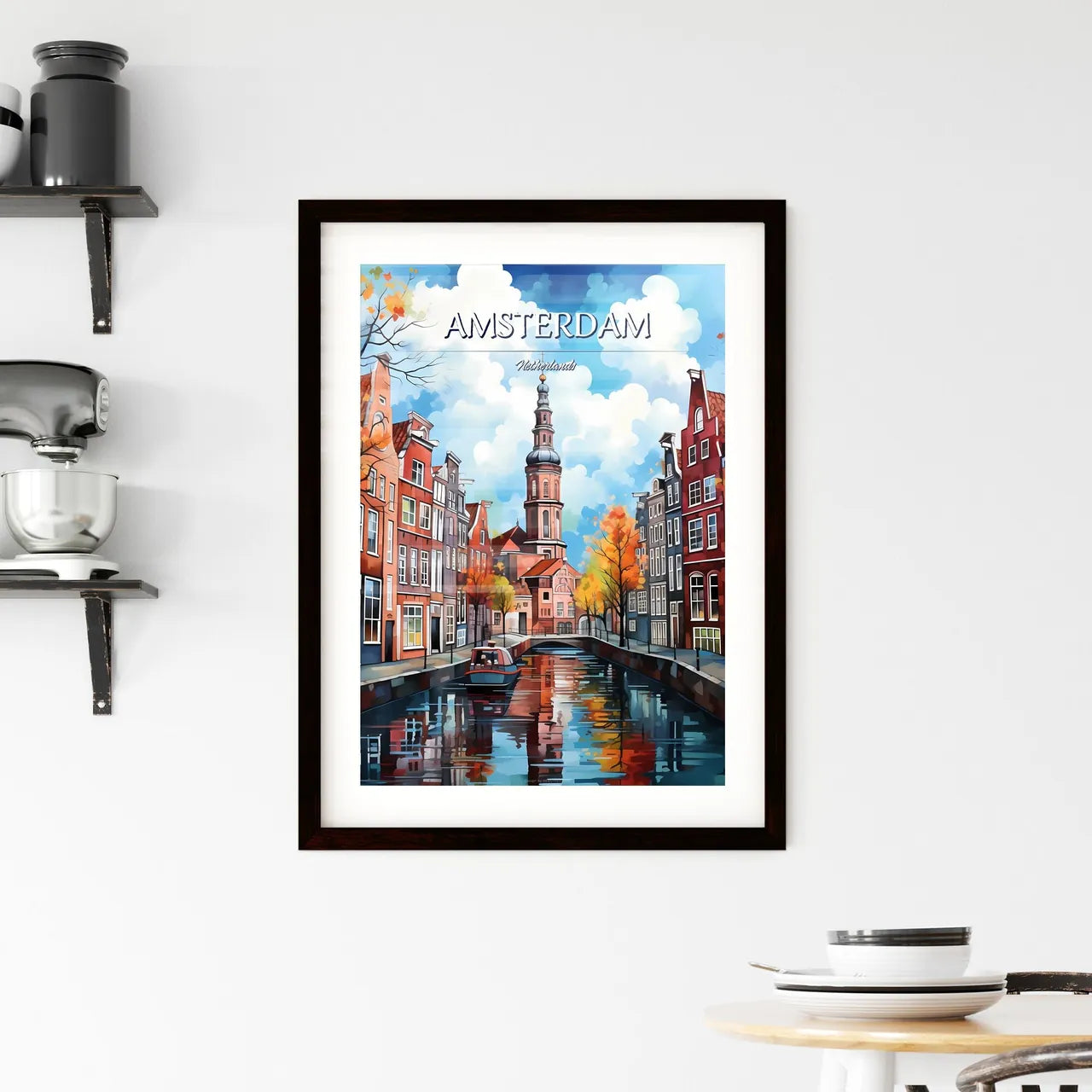 Amsterdam, Netherlands - Art print of a canal with a boat in it Custom Print