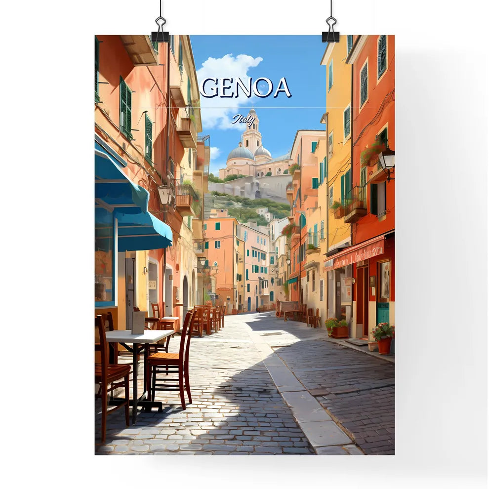 Genoa, Italy - Art print of a street with tables and chairs in a city Poster