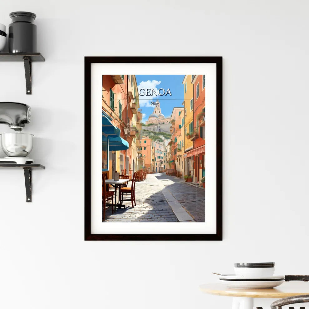 Genoa, Italy - Art print of a street with tables and chairs in a city Custom Print