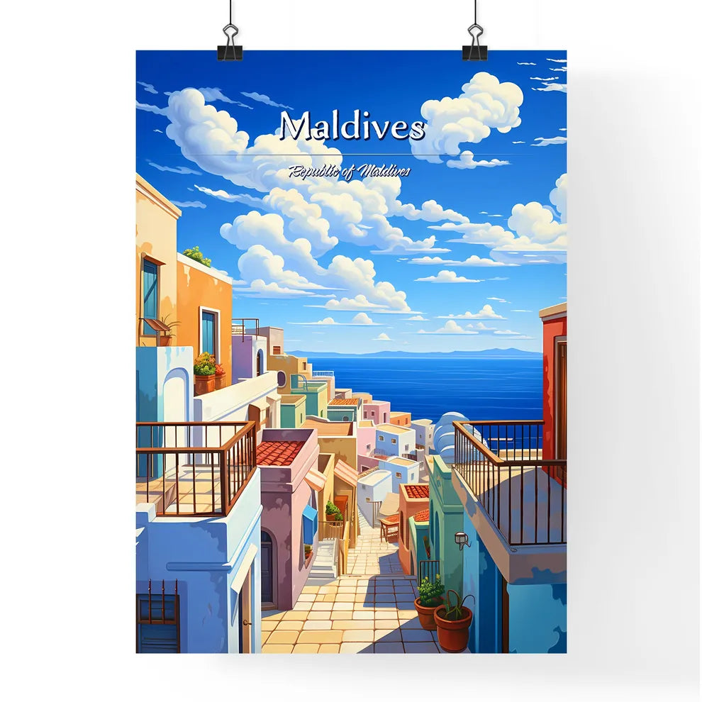 On the roofs of Maldives, Republic of Maldives - Art print of a colorful buildings with a walkway over the water Poster
