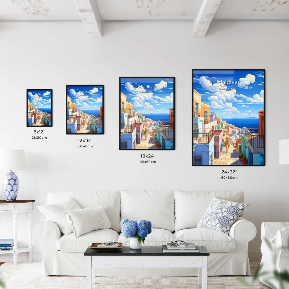 On the roofs of Maldives, Republic of Maldives - Art print of a colorful buildings with a walkway over the water Size Chart