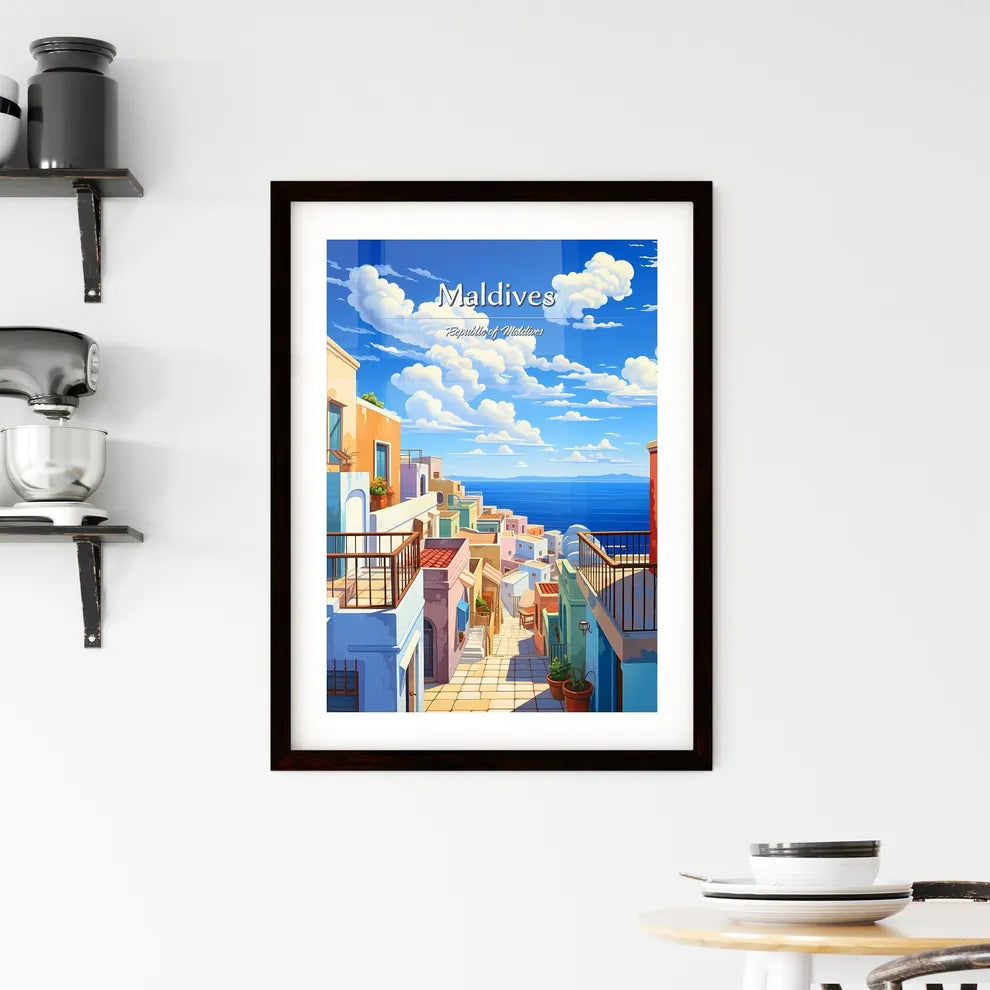 On the roofs of Maldives, Republic of Maldives - Art print of a colorful buildings with a walkway over the water Custom Print