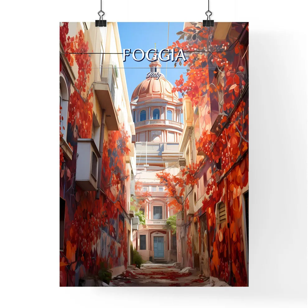 Foggia, Italy - Art print of a street with colorful buildings and a dome Poster