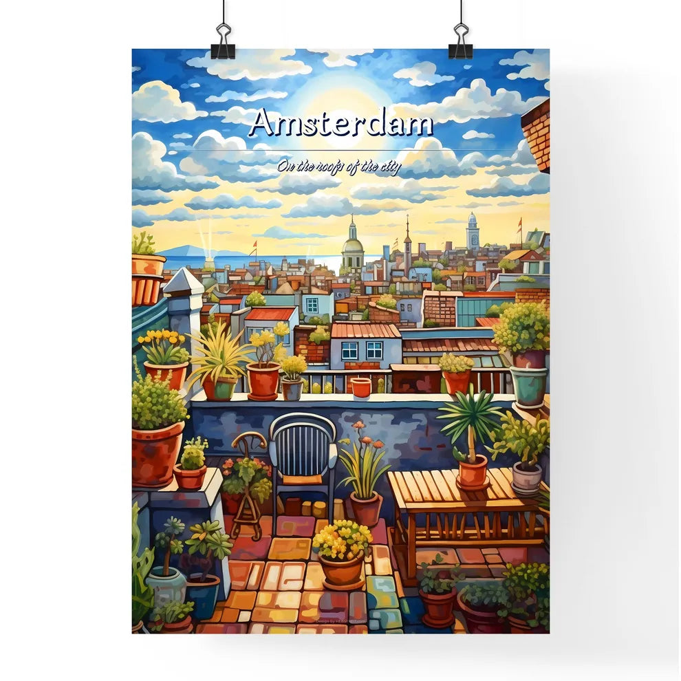 On the roofs of Amsterdam - Art print of a painting of a rooftop garden with plants and a city in the background Poster