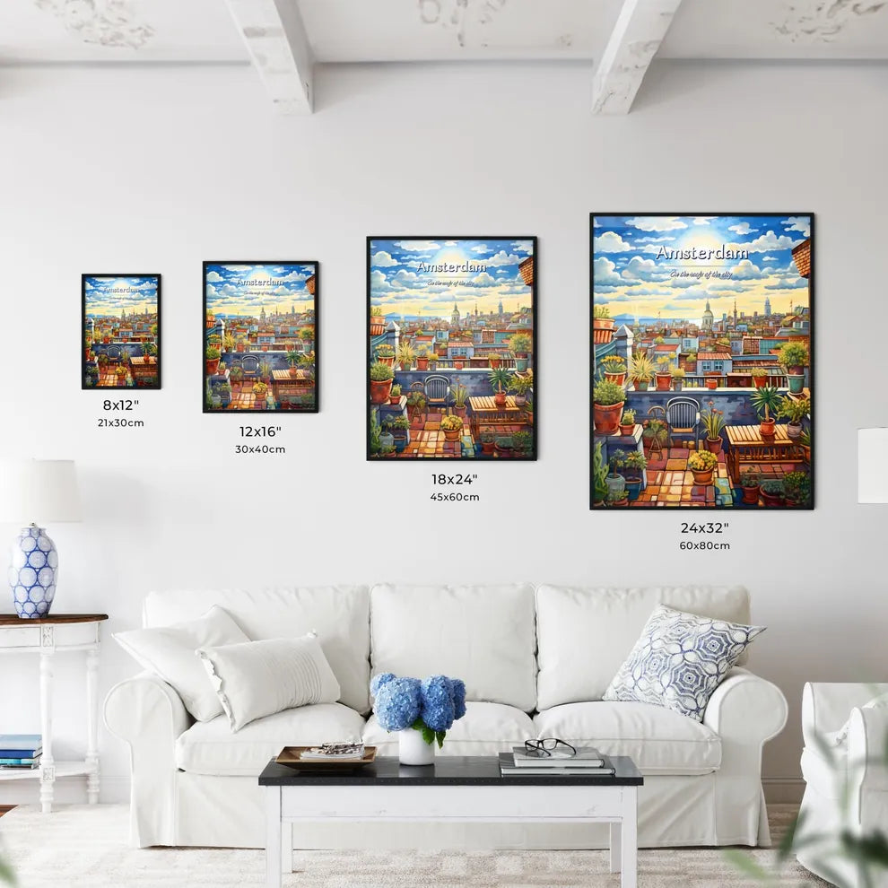 On the roofs of Amsterdam - Art print of a painting of a rooftop garden with plants and a city in the background Size Chart