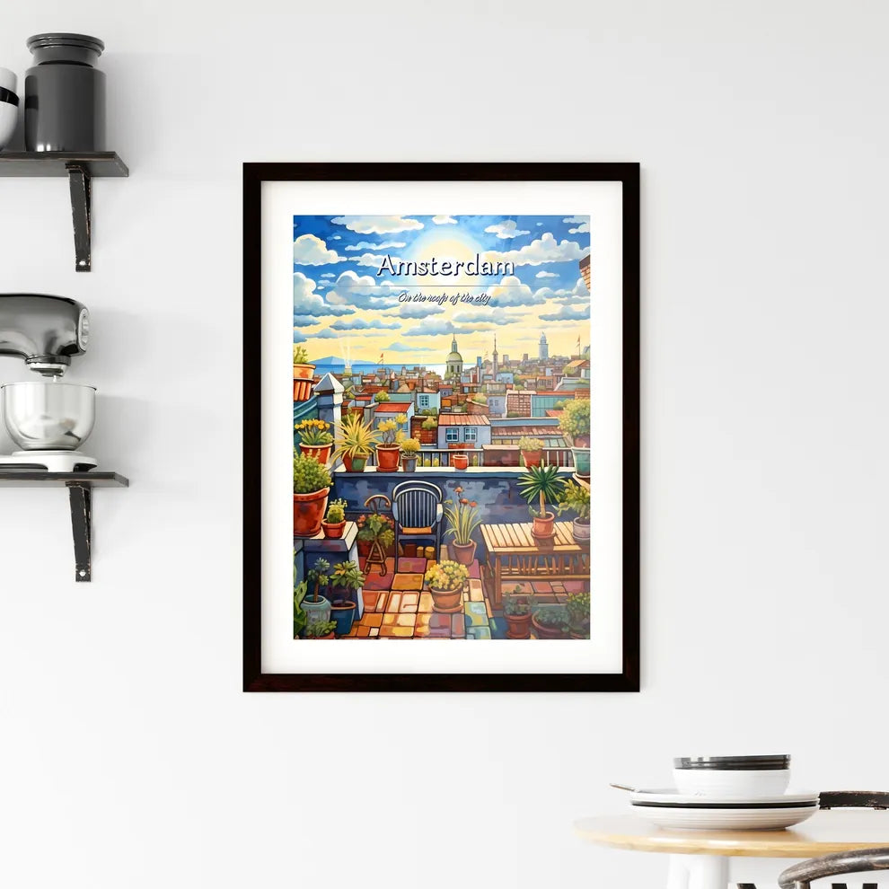 On the roofs of Amsterdam - Art print of a painting of a rooftop garden with plants and a city in the background Custom Print