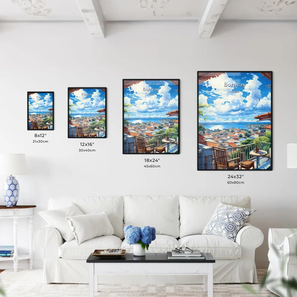 On the roofs of Boracay, Philippines - Art print of a view of a city from a balcony overlooking a body of water Size Chart