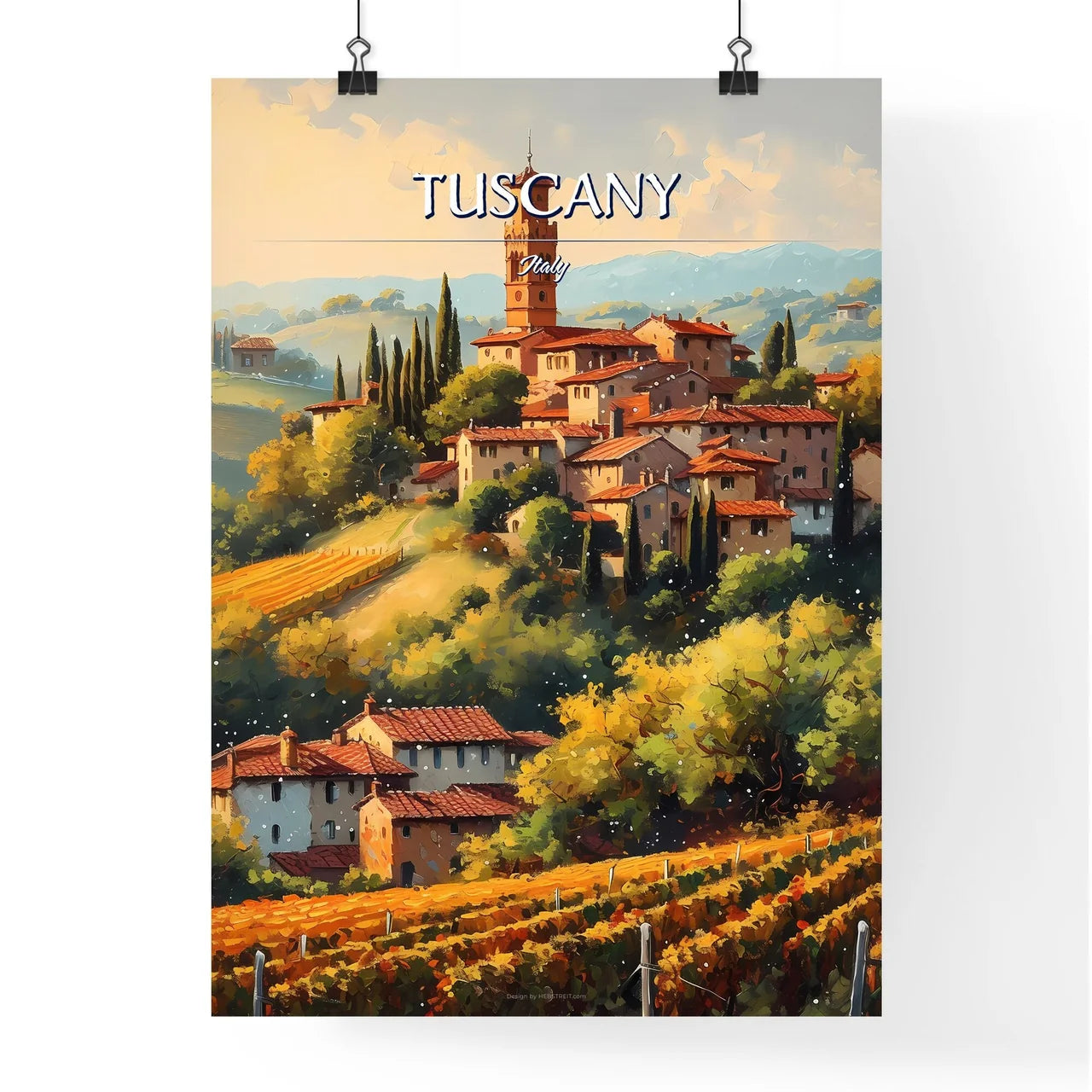 Tuscany, Italy - Art print of a painting of a village on a hill Poster