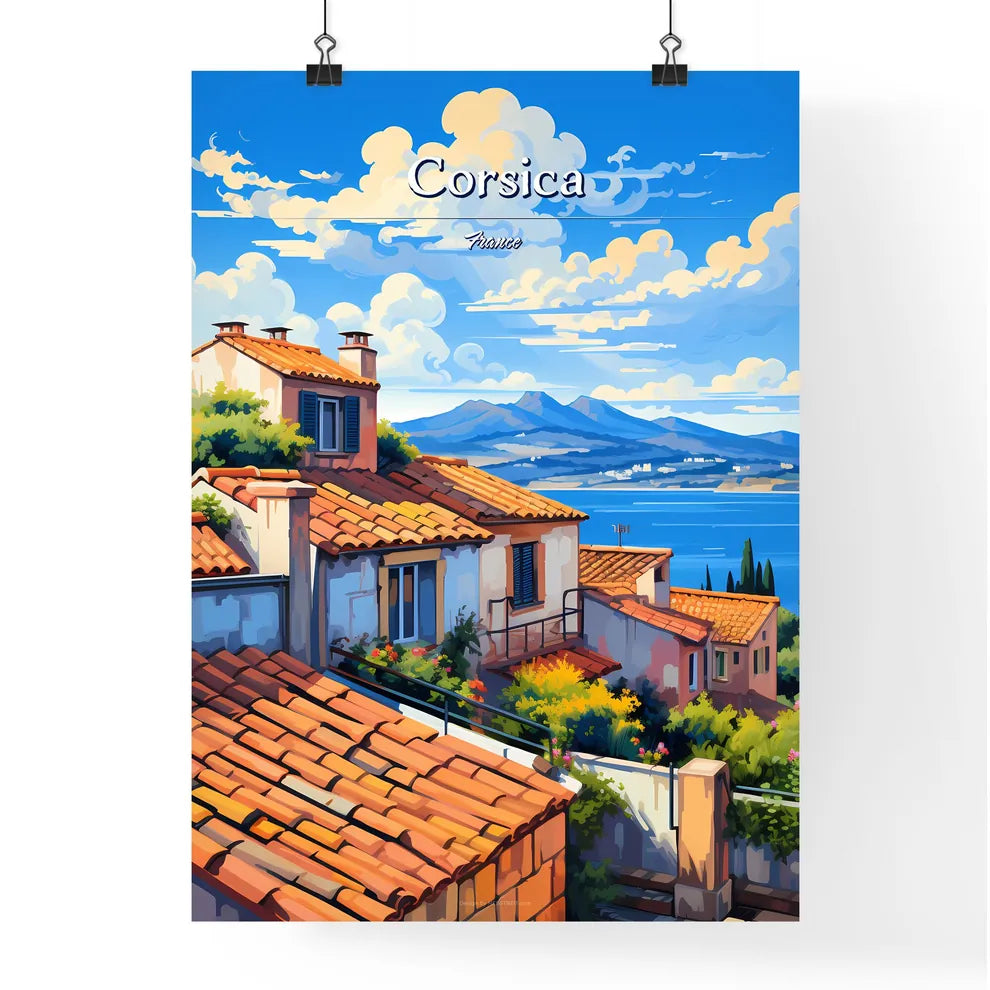 On the roofs of Corsica, France - Art print of a group of houses with trees and plants by a body of water Poster