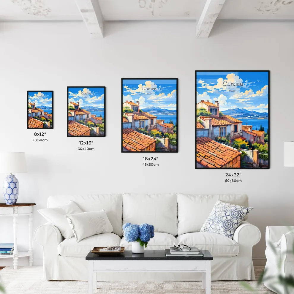 On the roofs of Corsica, France - Art print of a group of houses with trees and plants by a body of water Size Chart