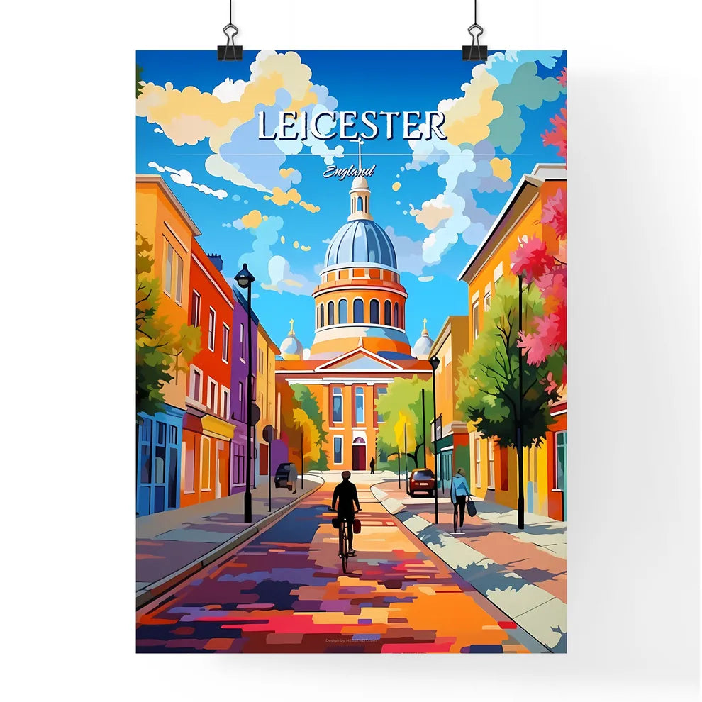 Leicester, England - Art print of a person riding a bicycle on a street with colorful buildings Poster