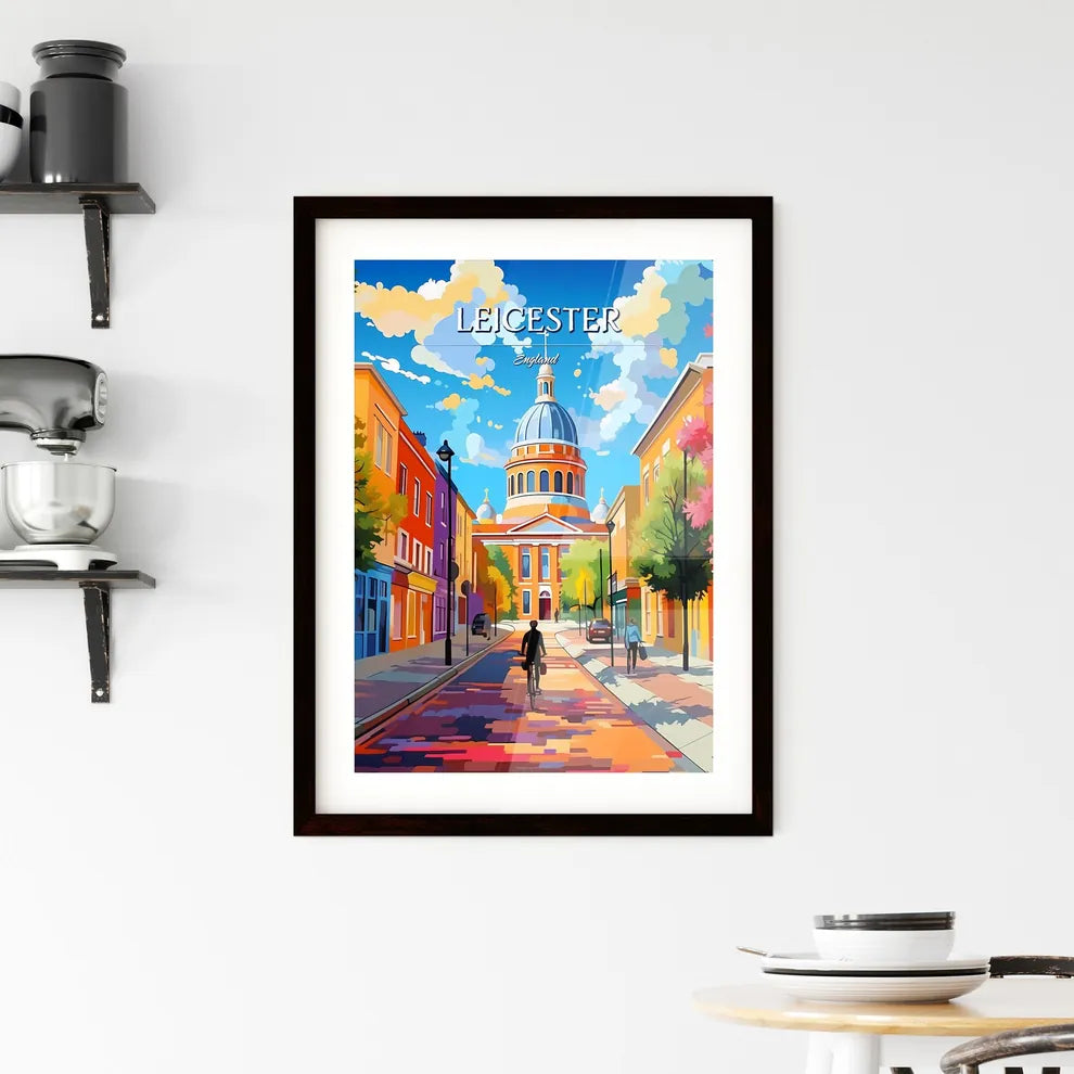 Leicester, England - Art print of a person riding a bicycle on a street with colorful buildings Custom Print