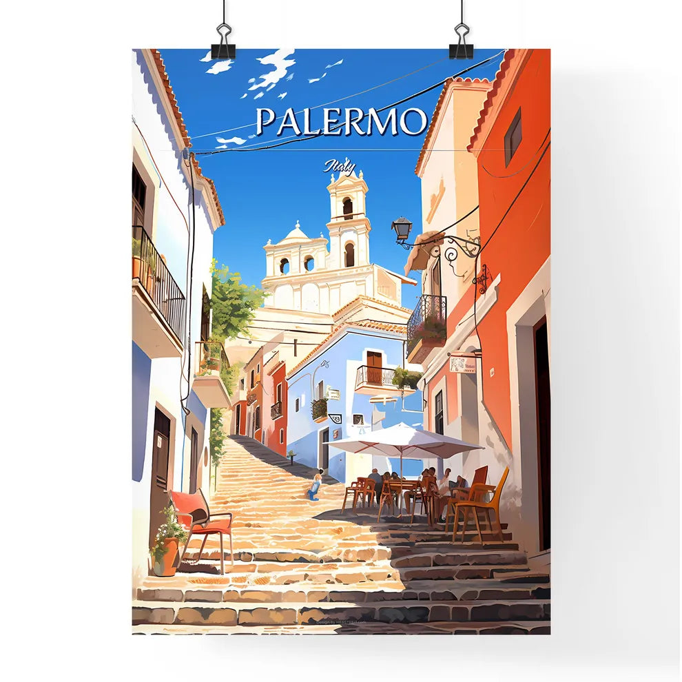 Palermo, Italy - Art print of a street with stairs and tables and chairs Poster