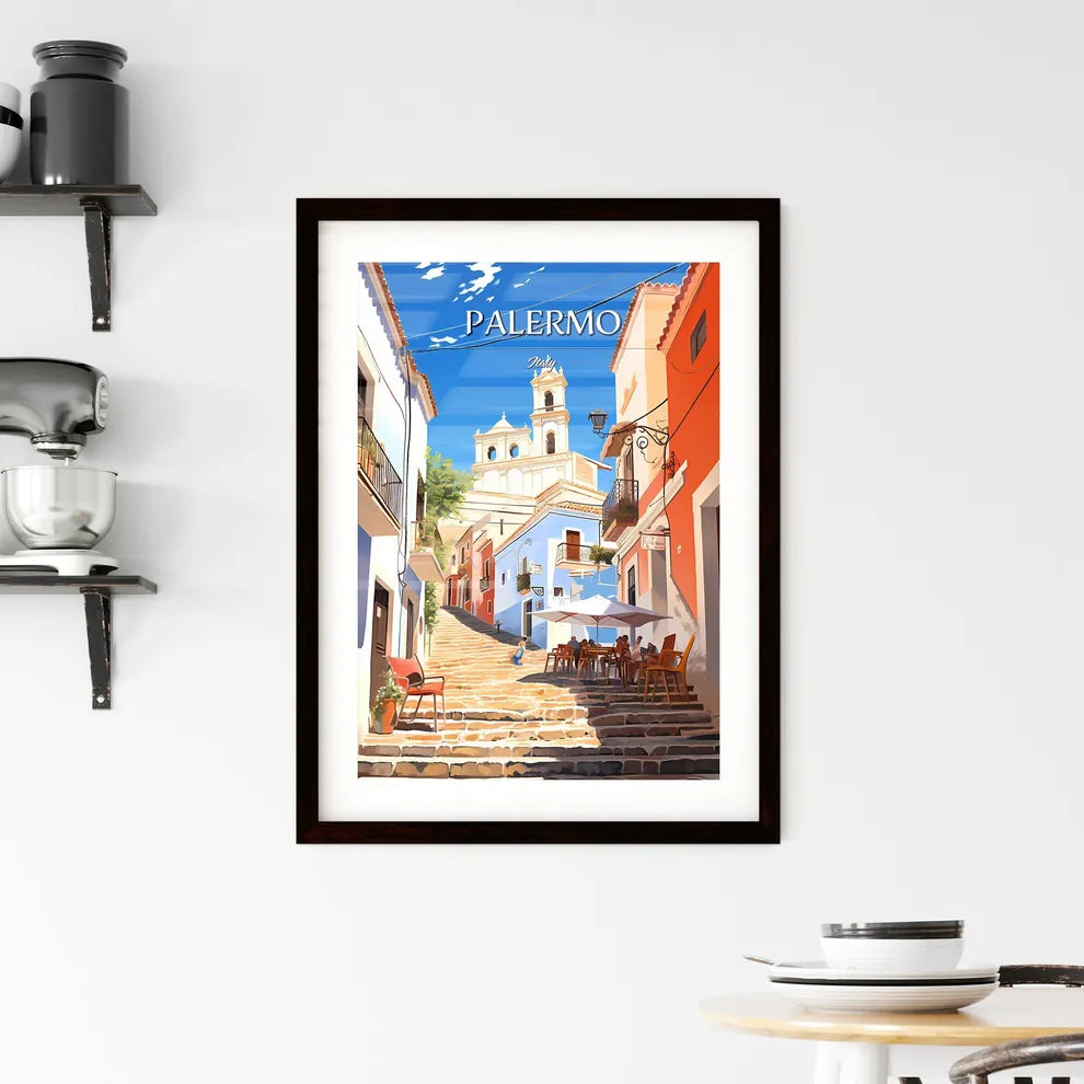 Palermo, Italy - Art print of a street with stairs and tables and chairs Custom Print