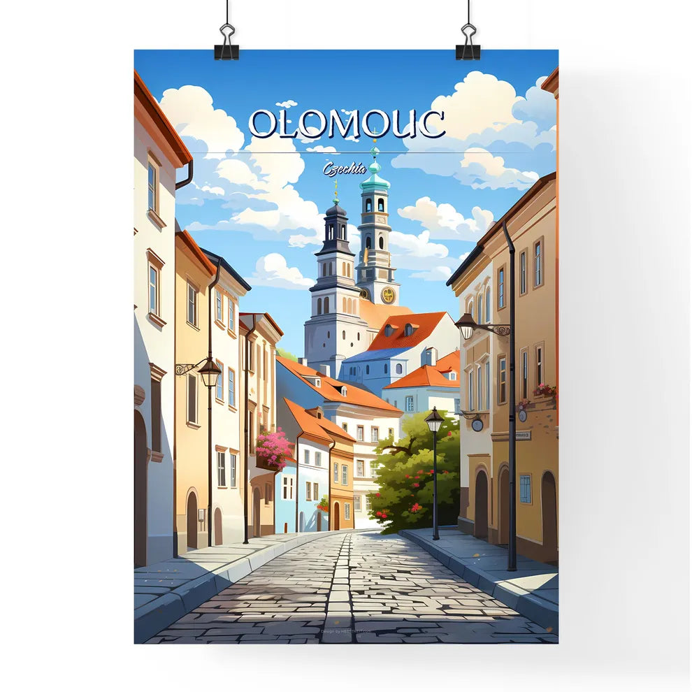 Olomouc, Czechia - Art print of a street with buildings and a tower Poster