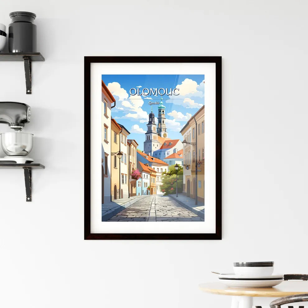Olomouc, Czechia - Art print of a street with buildings and a tower Custom Print