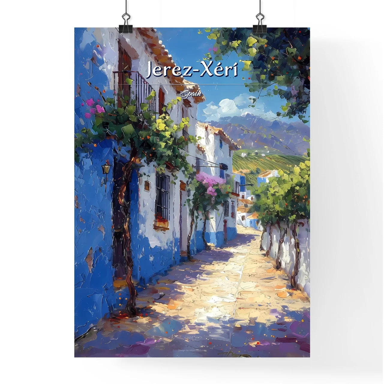 Jerez-Xérí, Spain - Art print of a painting of a street with white buildings and blue walls Poster