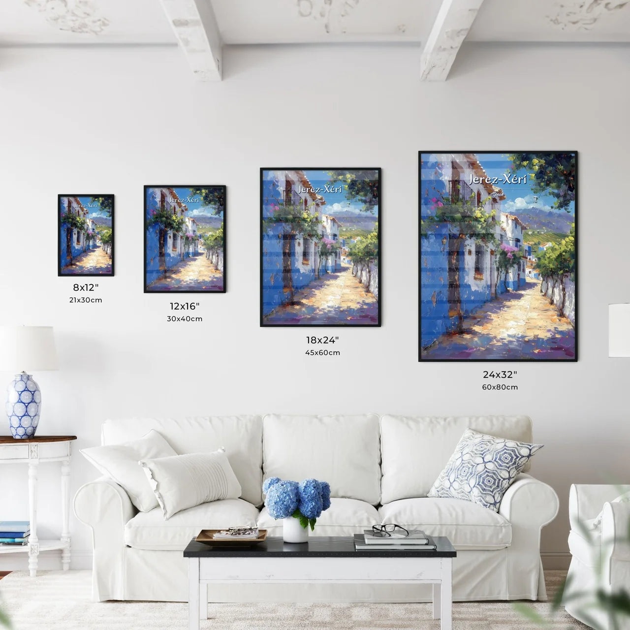 Jerez-Xérí, Spain - Art print of a painting of a street with white buildings and blue walls Size Chart
