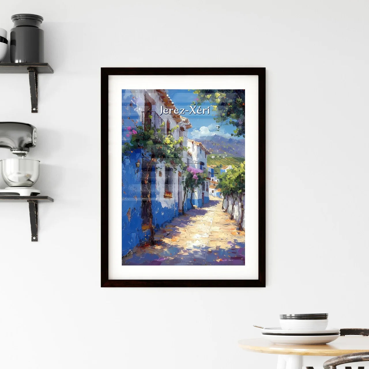 Jerez-Xérí, Spain - Art print of a painting of a street with white buildings and blue walls Custom Print