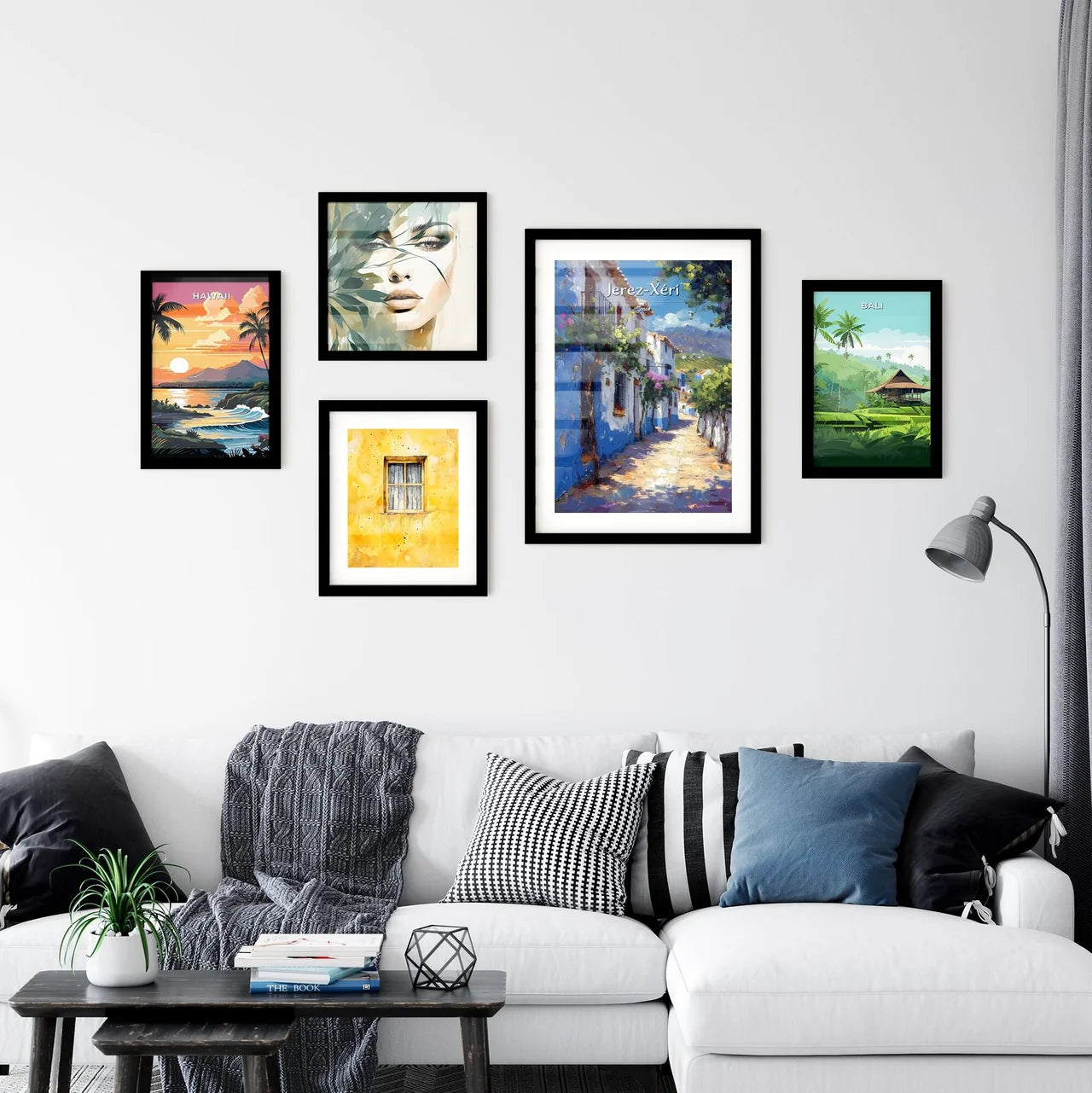 Jerez-Xérí, Spain - Art print of a painting of a street with white buildings and blue walls Interior Design