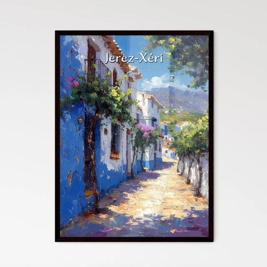 Jerez-Xérí, Spain - Art print of a painting of a street with white buildings and blue walls Framed Art