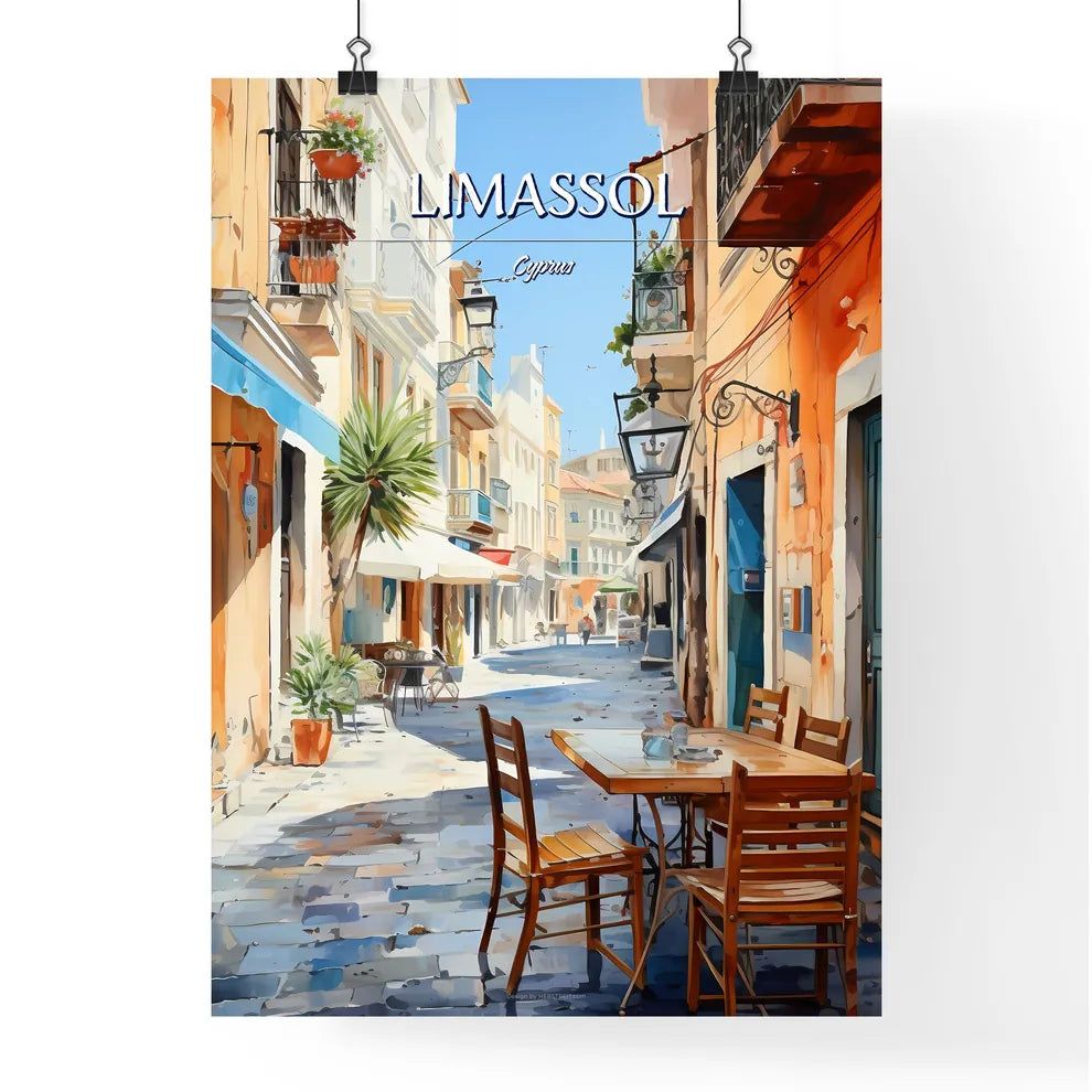 Limassol, Cyprus - Art print of a table and chairs in a street Poster