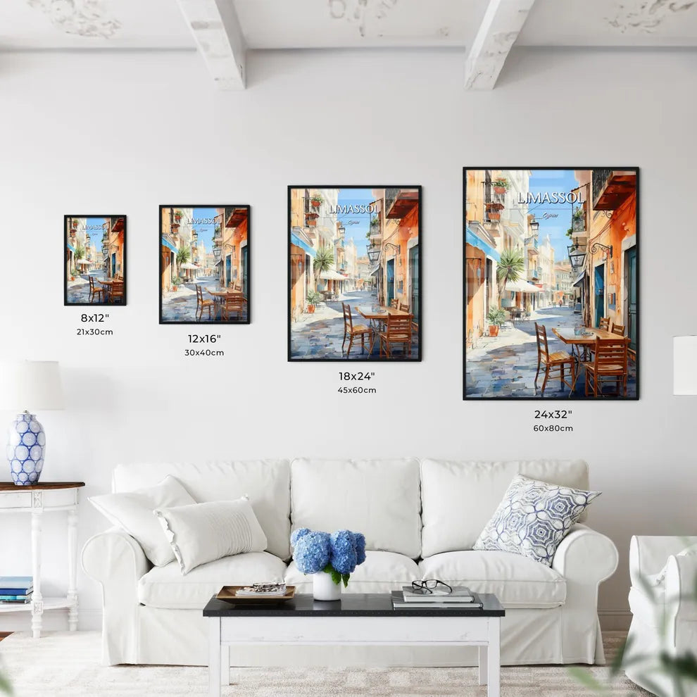 Limassol, Cyprus - Art print of a table and chairs in a street Size Chart
