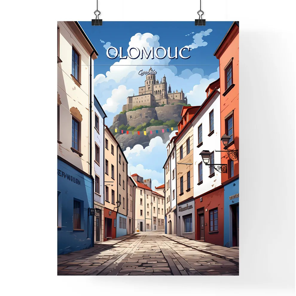 Olomouc, Czechia - Art print of a street with buildings and a castle in the distance Poster