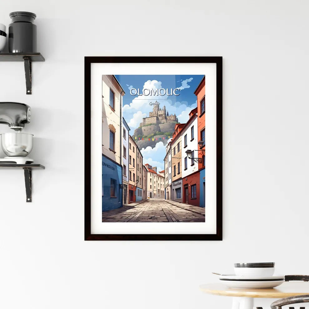 Olomouc, Czechia - Art print of a street with buildings and a castle in the distance Custom Print