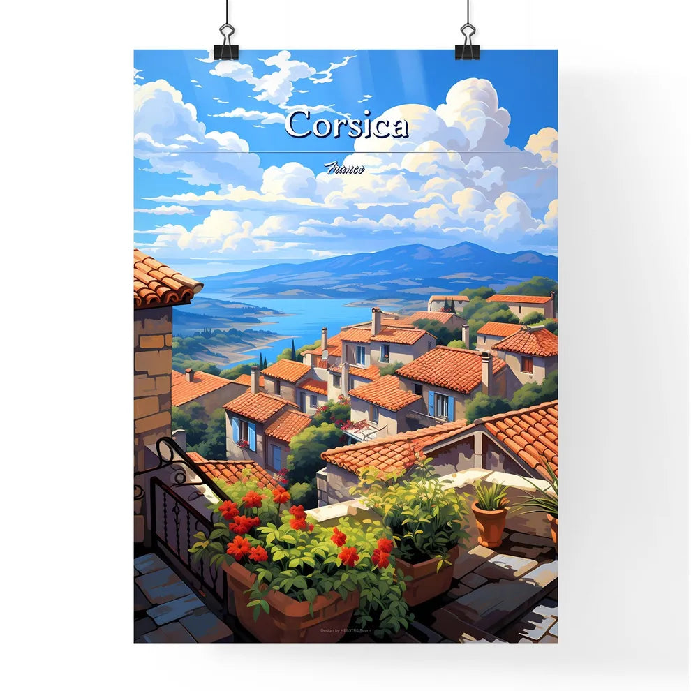 On the roofs of Corsica, France - Art print of a landscape of a village with a lake and mountains Poster