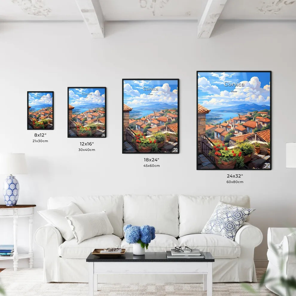 On the roofs of Corsica, France - Art print of a landscape of a village with a lake and mountains Size Chart
