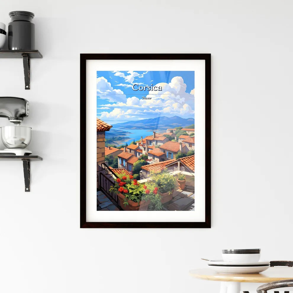 On the roofs of Corsica, France - Art print of a landscape of a village with a lake and mountains Custom Print