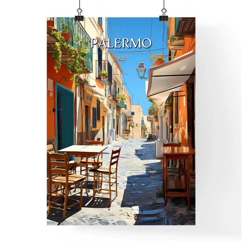 Palermo, Italy - Art print of a street with tables and chairs Poster