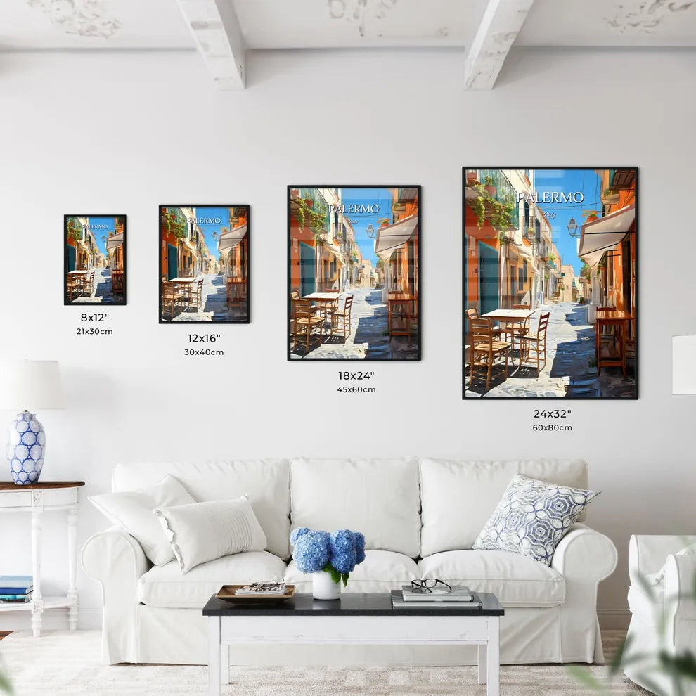 Palermo, Italy - Art print of a street with tables and chairs Size Chart